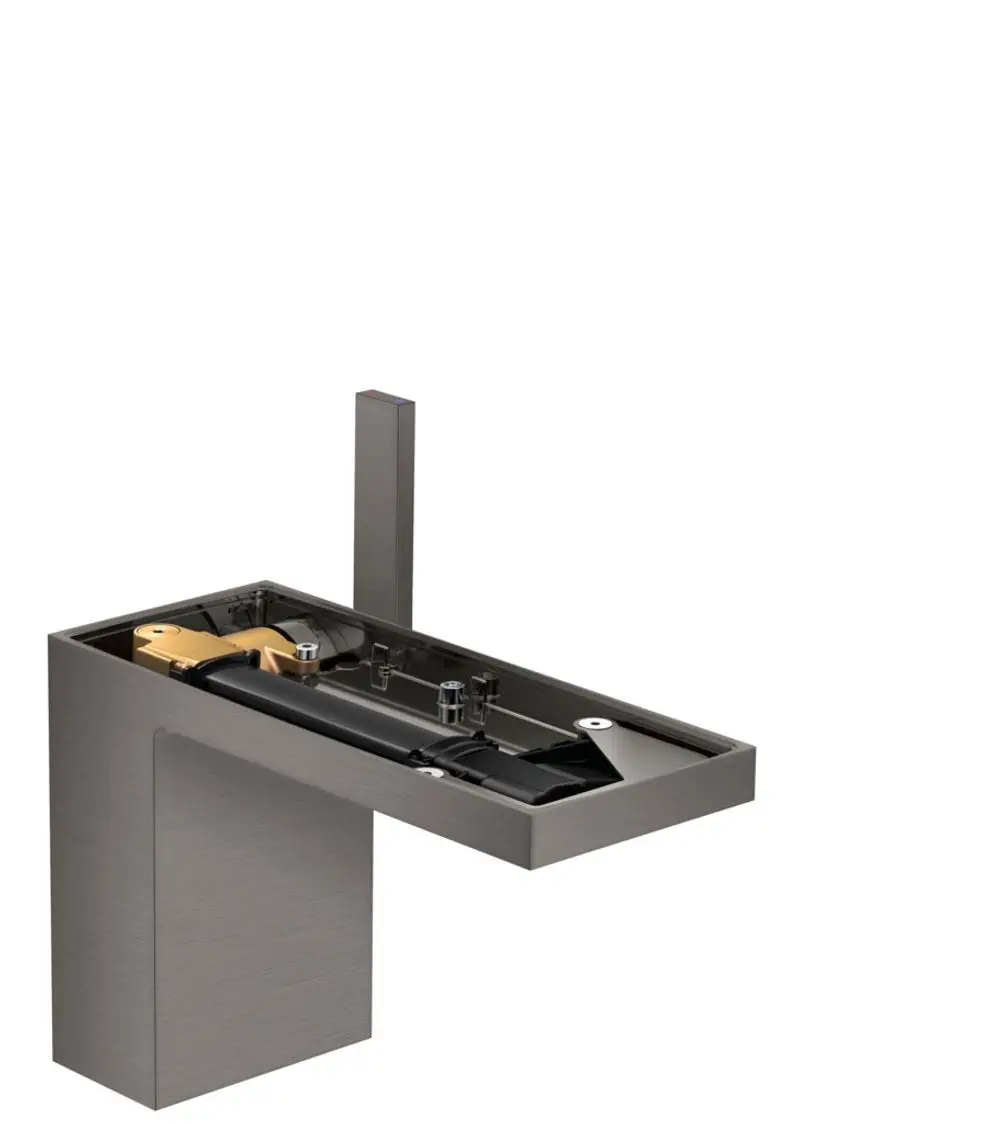 Einhebel-Waschtischmischer von AXOR mit modernem Design, Brushed Black Chrome Oberfläche und Push-Open Ablaufgarnitur, ohne Platte.